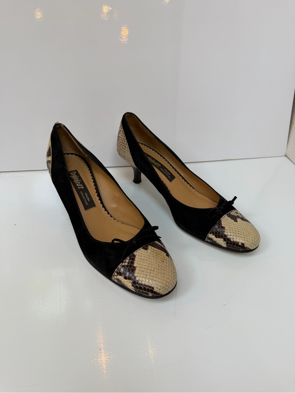 Ingledew’s Black Suede Pumps with Cream & Brown Snakeskin Ballet Cap Toe